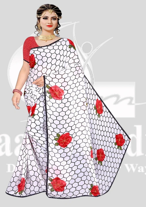 Wetless Printed Saree with Diamond - Simor - Red Mix